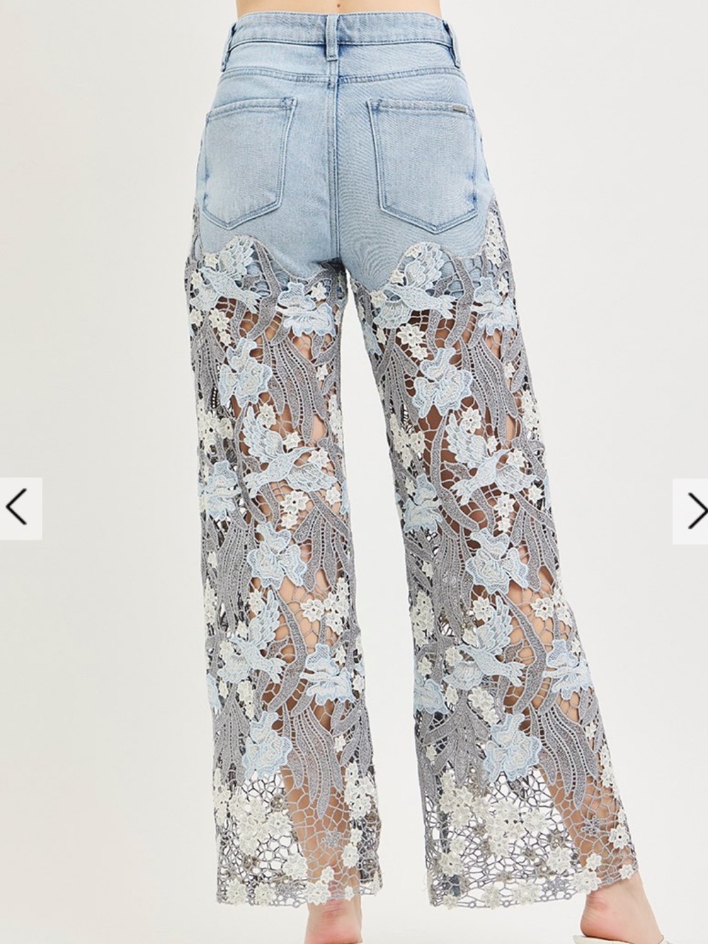 R1--SHIPPED ARRIVES 6/5) GORGEOUS🔥Light Wash Denim Jeans with Blue Floral Lace - Picture 2 of 3